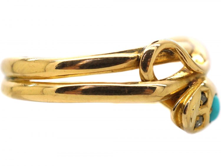 Early 20th Century 18ct Gold Double Snake Ring set with Turquoise & Rose Diamond Eyes