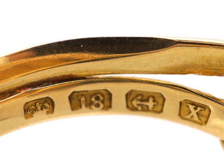Early 20th Century 18ct Gold Double Snake Ring set with Turquoise & Rose Diamond Eyes