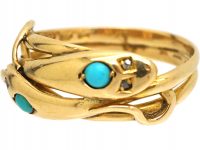 Early 20th Century 18ct Gold Double Snake Ring set with Turquoise & Rose Diamond Eyes
