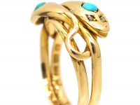 Early 20th Century 18ct Gold Double Snake Ring set with Turquoise & Rose Diamond Eyes