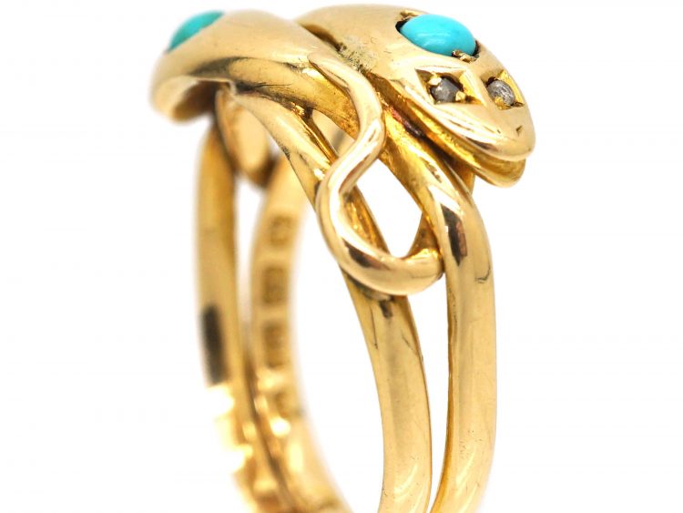 Early 20th Century 18ct Gold Double Snake Ring set with Turquoise & Rose Diamond Eyes