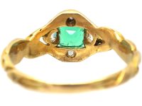 Early Victorian 15ct Gold Emerald & Diamond Ring with Intertwined Motif
