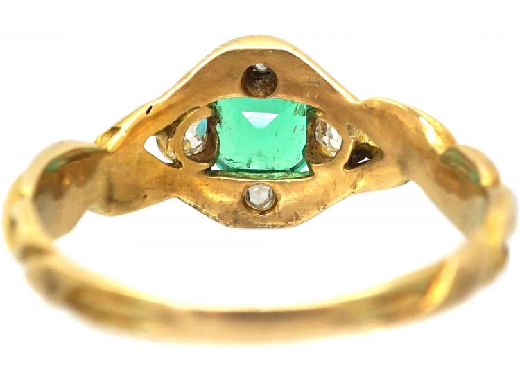 Early Victorian 15ct Gold Emerald & Diamond Ring with Intertwined Motif