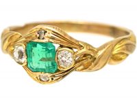 Early Victorian 15ct Gold Emerald & Diamond Ring with Intertwined Motif