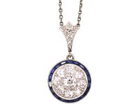 French Art Deco 18ct White Gold, Sapphire & Diamond Target Pendant on a Platinum Chain