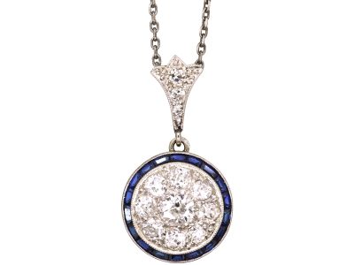 French Art Deco 18ct White Gold, Sapphire & Diamond Target Pendant on a Platinum Chain