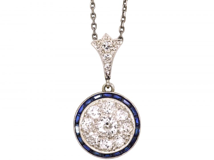 French Art Deco 18ct White Gold, Sapphire & Diamond Target Pendant on a Platinum Chain