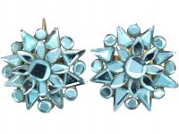 Georgian Teal Blue Vauxhall Glass Flower Cluster Earrings