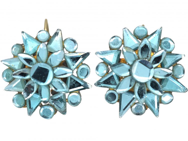 Georgian Teal Blue Vauxhall Glass Flower Cluster Earrings