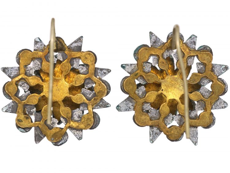 Georgian Teal Blue Vauxhall Glass Flower Cluster Earrings