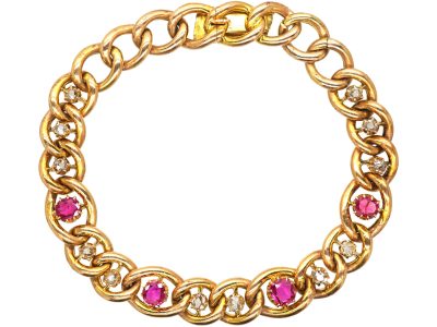 Edwardian 15ct Gold Curb Bracelet set with Pink Sapphires & Diamonds