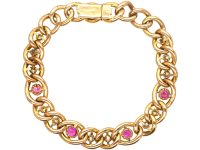 Edwardian 15ct Gold Curb Bracelet set with Pink Sapphires & Diamonds