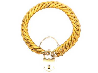 Victorian 15ct Gold Curb Bracelet with Padlock & Stippled Detail