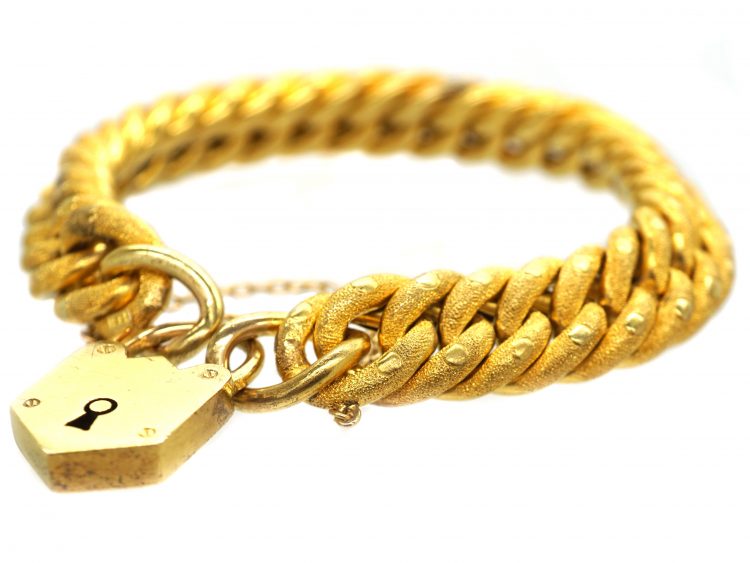 Victorian 15ct Gold Curb Bracelet with Padlock & Stippled Detail