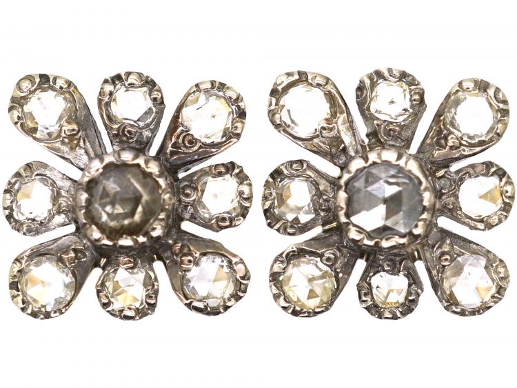 Victorian 15ct Gold & Silver Rose Diamond Flower Earrings