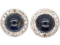 Art Deco 18ct Gold & Platinum, Cabochon Sapphire & Diamond Round Earrings