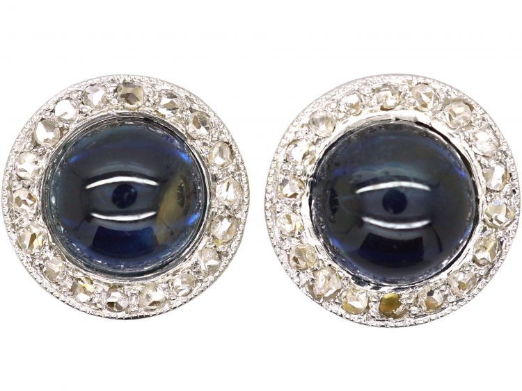 Art Deco 18ct Gold & Platinum, Cabochon Sapphire & Diamond Round Earrings