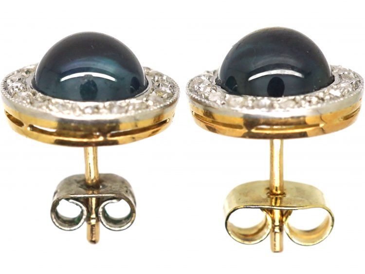 Art Deco 18ct Gold & Platinum, Cabochon Sapphire & Diamond Round Earrings