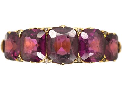 Victorian 18ct Gold Carved Half Hoop Ring set with Garnets with Diamond Points
