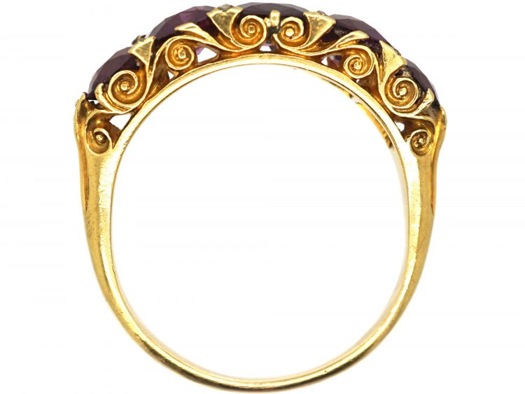 Victorian 18ct Gold Carved Half Hoop Ring set with Garnets with Diamond Points