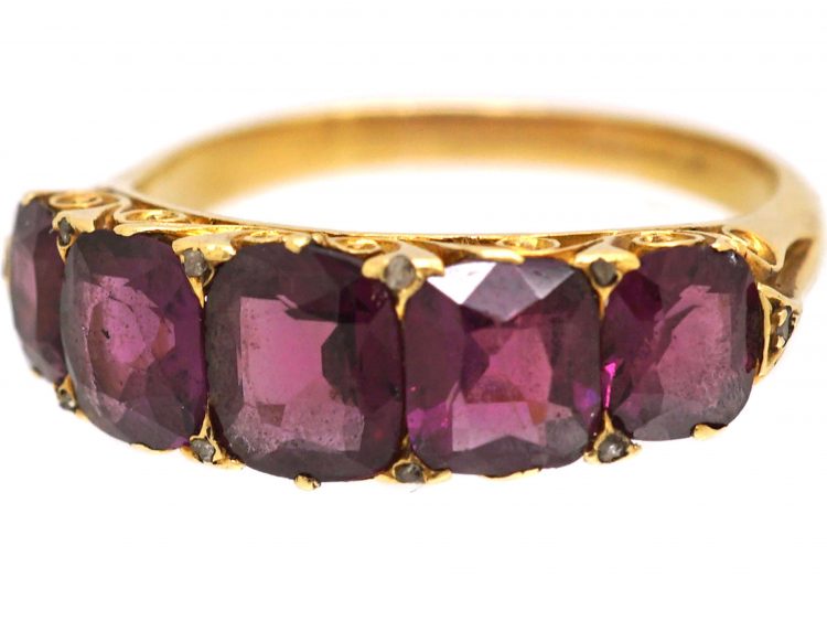Victorian 18ct Gold Carved Half Hoop Ring set with Garnets with Diamond Points