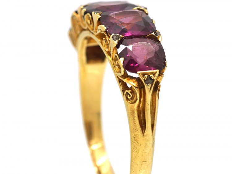 Victorian 18ct Gold Carved Half Hoop Ring set with Garnets with Diamond Points