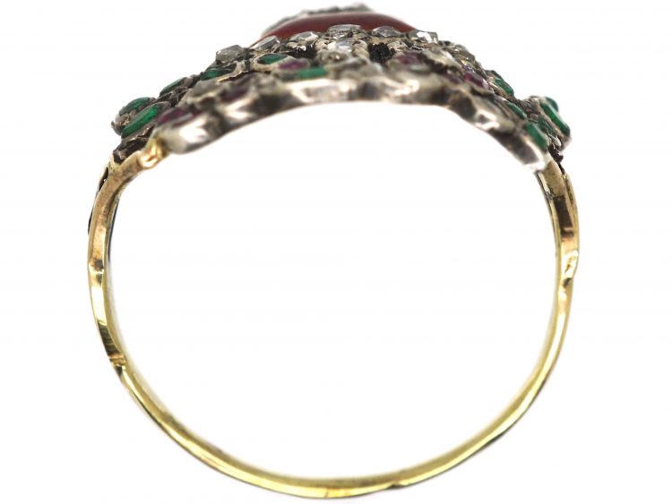 Georgian Gold & Enamel Giardinetti Ring set with Diamonds, Emeralds & Rubies