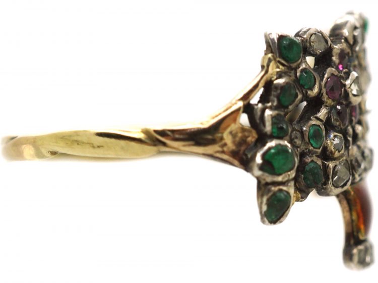 Georgian Gold & Enamel Giardinetti Ring set with Diamonds, Emeralds & Rubies