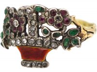 Georgian Gold & Enamel Giardinetti Ring set with Diamonds, Emeralds & Rubies