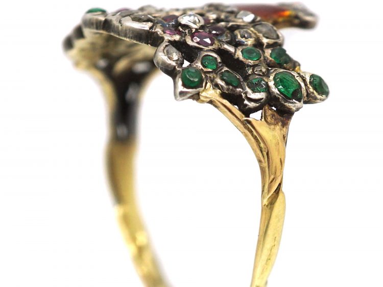Georgian Gold & Enamel Giardinetti Ring set with Diamonds, Emeralds & Rubies