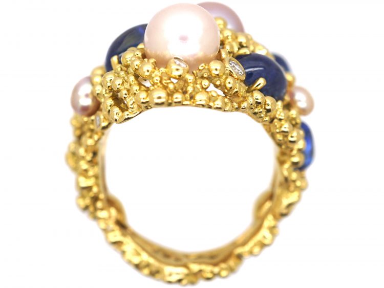 Large 18ct Gold Cabochon Sapphire, Pearl & Diamond Ring by Gilbert Albert