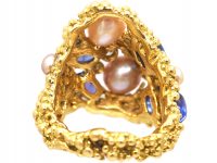 Large 18ct Gold Cabochon Sapphire, Pearl & Diamond Ring by Gilbert Albert