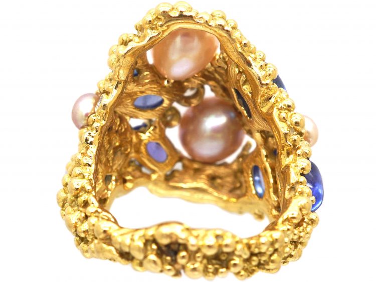 Large 18ct Gold Cabochon Sapphire, Pearl & Diamond Ring by Gilbert Albert
