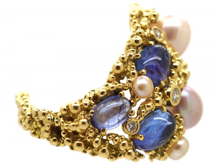 Large 18ct Gold Cabochon Sapphire, Pearl & Diamond Ring by Gilbert Albert