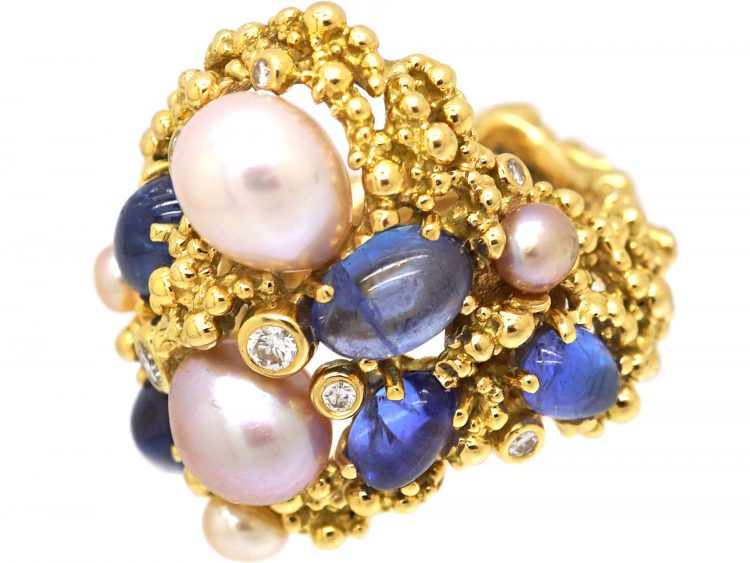 Large 18ct Gold Cabochon Sapphire, Pearl & Diamond Ring by Gilbert Albert