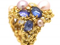 Large 18ct Gold Cabochon Sapphire, Pearl & Diamond Ring by Gilbert Albert