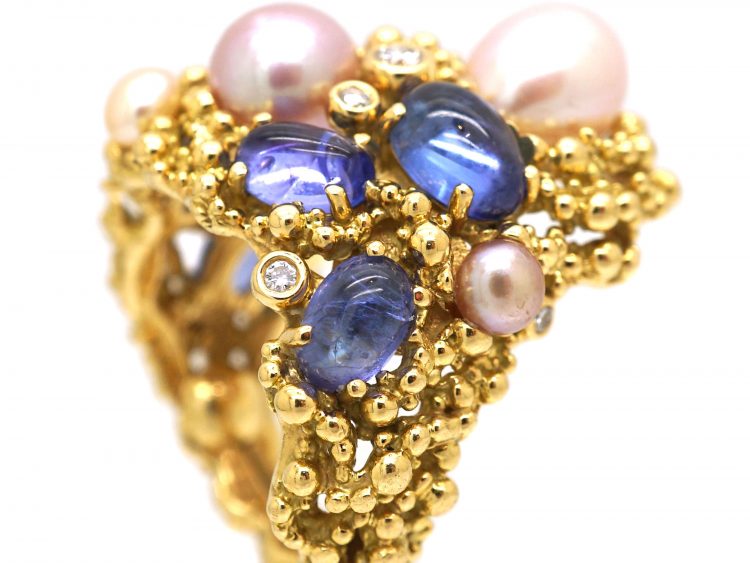 Large 18ct Gold Cabochon Sapphire, Pearl & Diamond Ring by Gilbert Albert