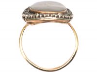 Georgian 9ct Gold & Silver Ring With S Motif on Opaline Glass & Diamonds Around