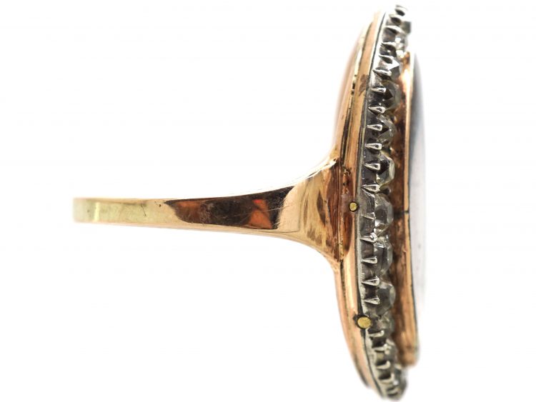 Georgian 9ct Gold & Silver Ring With S Motif on Opaline Glass & Diamonds Around