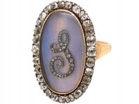 Georgian 9ct Gold & Silver Ring With S Motif on Opaline Glass & Diamonds Around