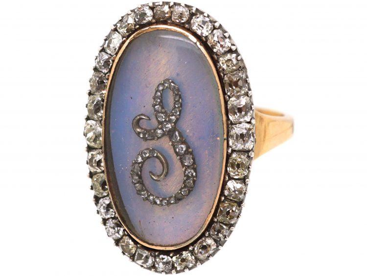 Georgian 9ct Gold & Silver Ring With S Motif on Opaline Glass & Diamonds Around