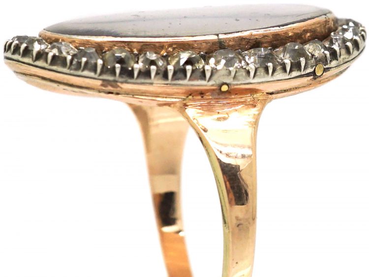 Georgian 9ct Gold & Silver Ring With S Motif on Opaline Glass & Diamonds Around
