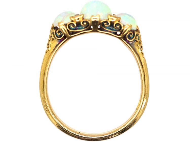 Edwardian 18ct Gold Carved Half Hoop Ring set with Three Opals & Rose Diamond Points