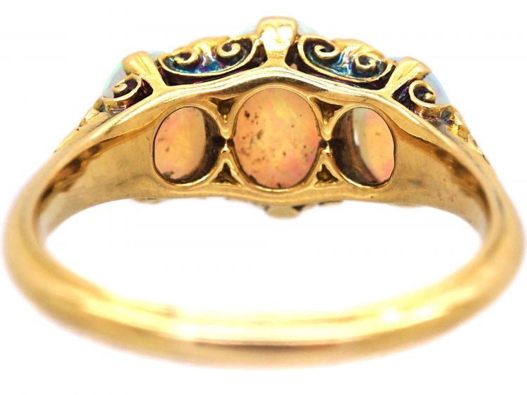 Edwardian 18ct Gold Carved Half Hoop Ring set with Three Opals & Rose Diamond Points