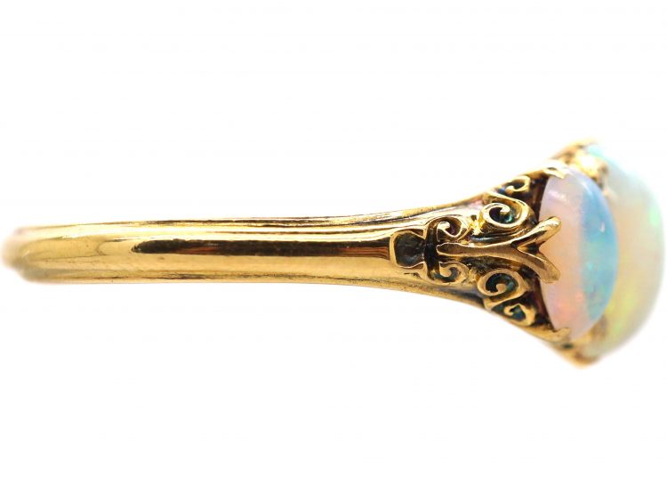 Edwardian 18ct Gold Carved Half Hoop Ring set with Three Opals & Rose Diamond Points
