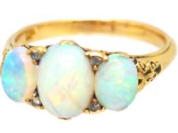Edwardian 18ct Gold Carved Half Hoop Ring set with Three Opals & Rose Diamond Points