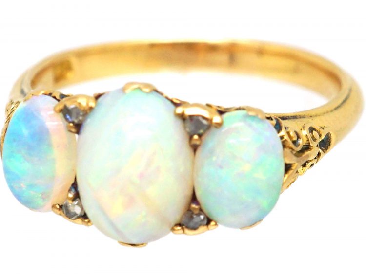 Edwardian 18ct Gold Carved Half Hoop Ring set with Three Opals & Rose Diamond Points