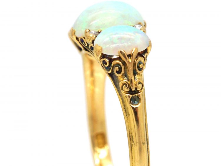 Edwardian 18ct Gold Carved Half Hoop Ring set with Three Opals & Rose Diamond Points