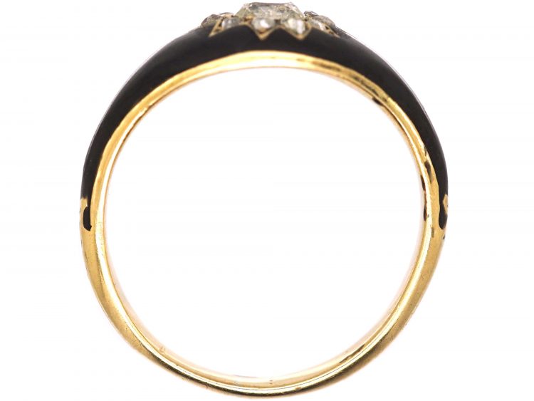 Victorian 18ct Gold, Black Enamel Star Ring set with Diamonds