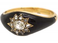 Victorian 18ct Gold, Black Enamel Star Ring set with Diamonds